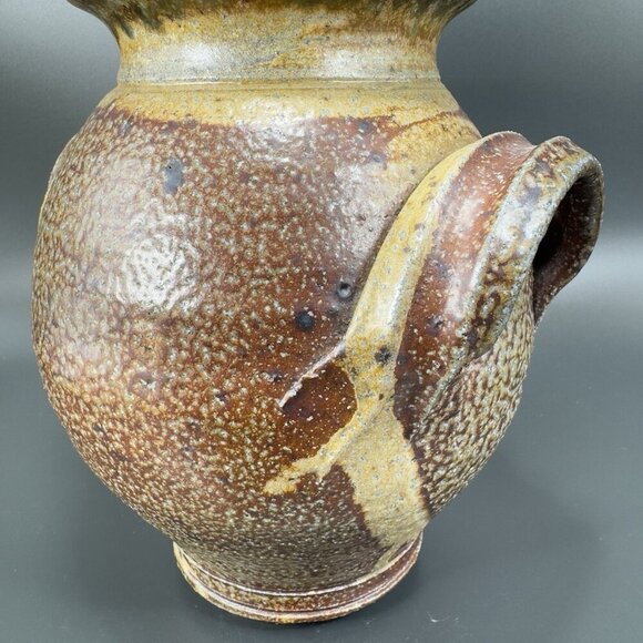 Vintage Hand Made USA Pottery Stoneware Vase Round Bottom Heavy With Handles VTG - Picture 10 of 13